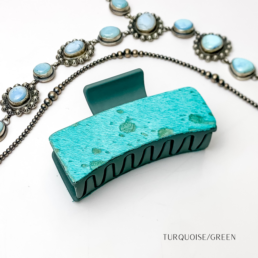 Rectangle Claw Clip with Turquoise Green Cowhide - Giddy Up Glamour Boutique
