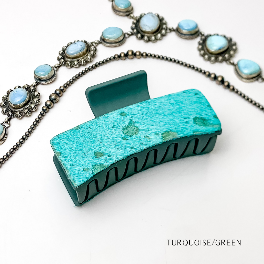 Rectangle Claw Clip with Turquoise Green Cowhide - Giddy Up Glamour Boutique