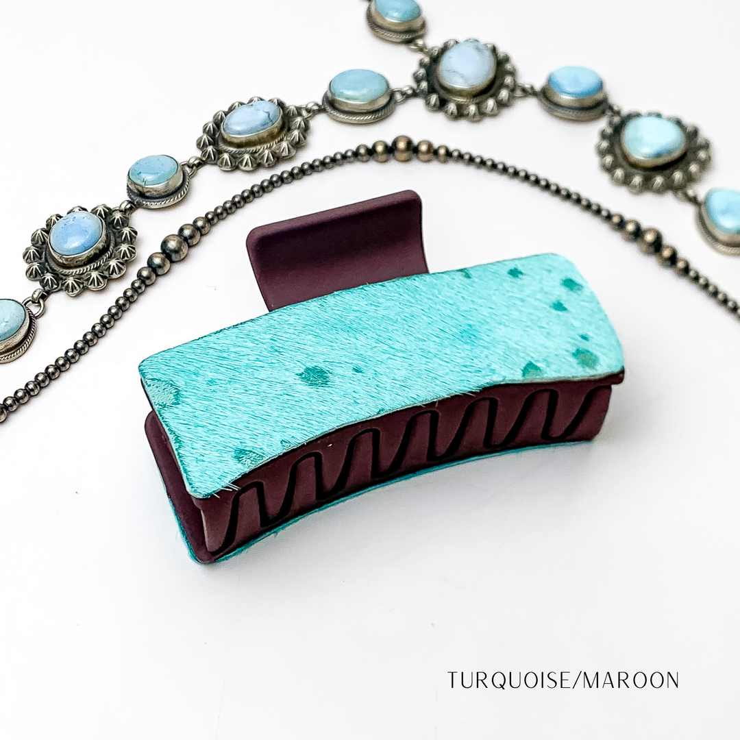 Rectangle Claw Clip with Turquoise Green Cowhide - Giddy Up Glamour Boutique