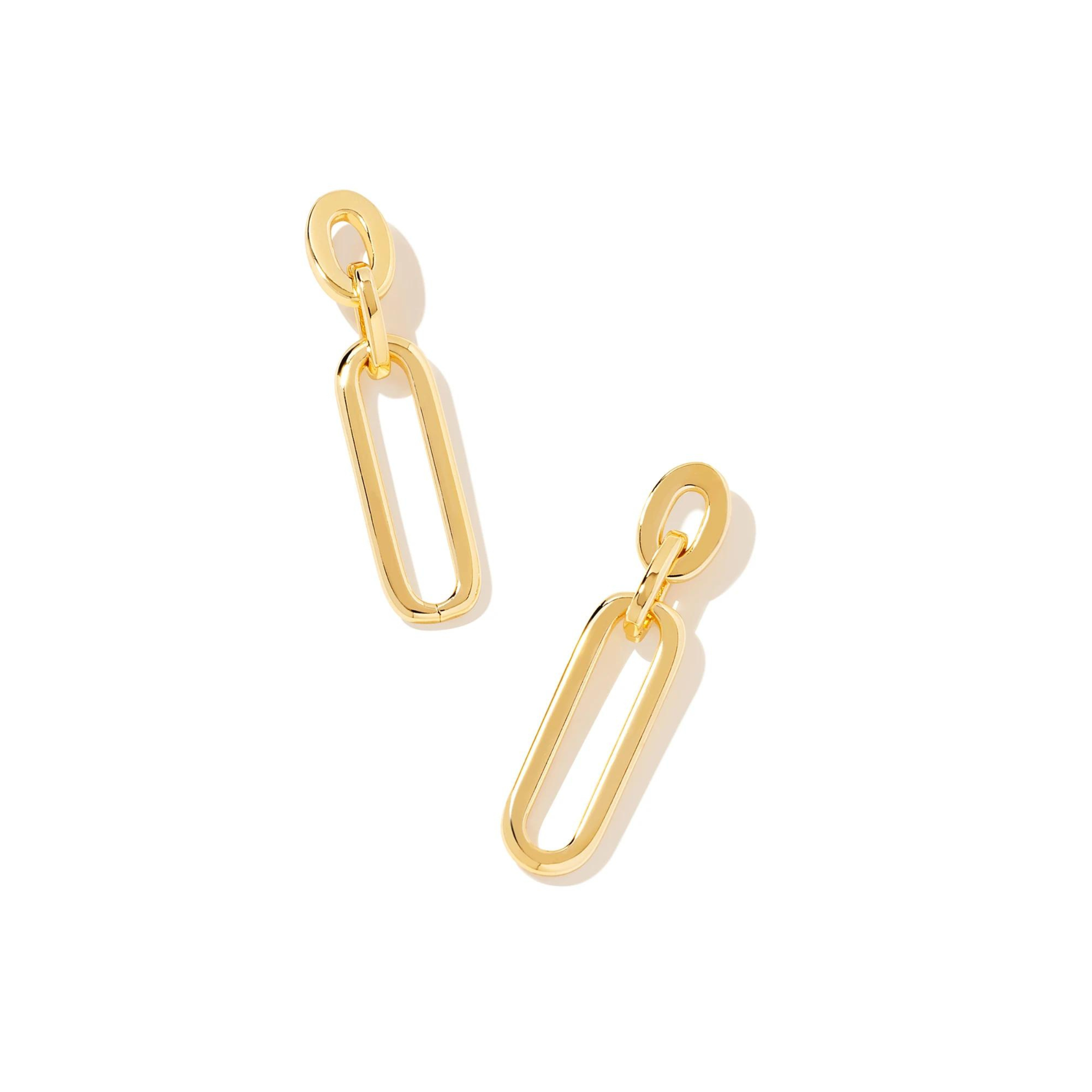 Pictured is a pair of gold chain link drop earrings on a white background. 