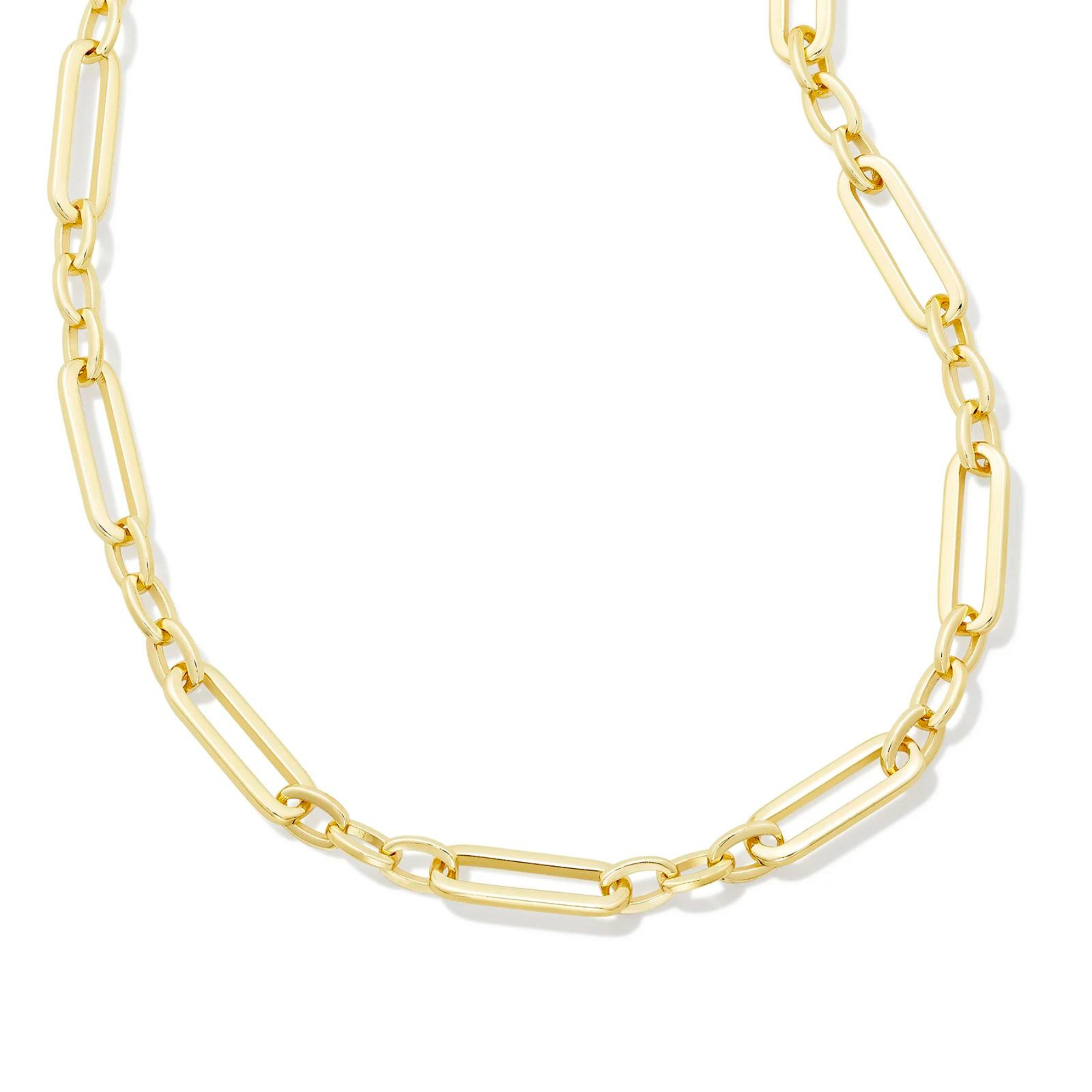 Pictured is a gold chain link necklace on a white background. 