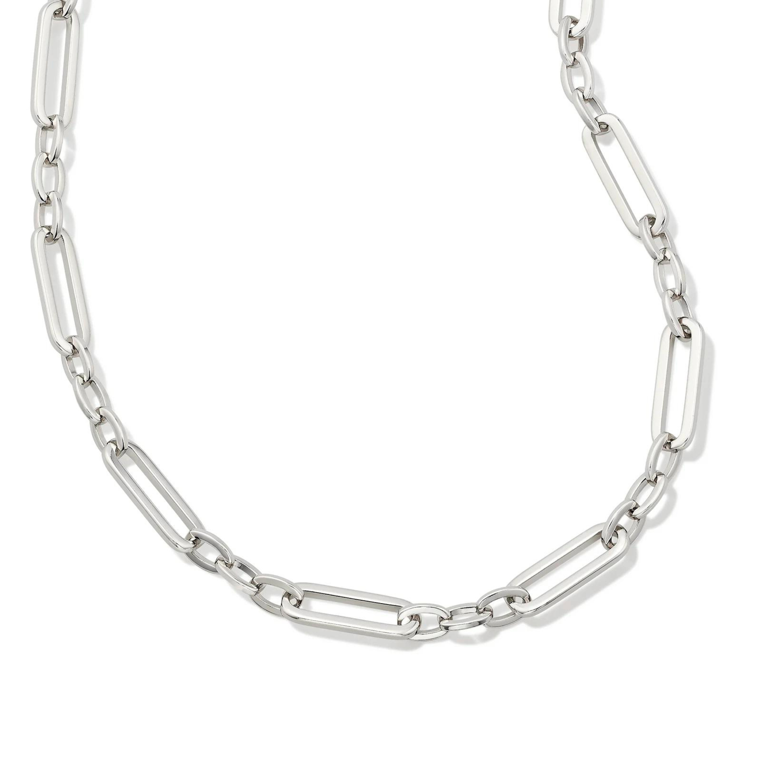 Pictured is a silver chain link necklace on a white background. 