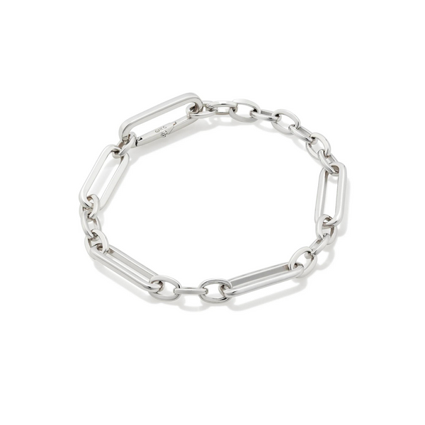 Pictured is a silver chain link bracelet on a white background.