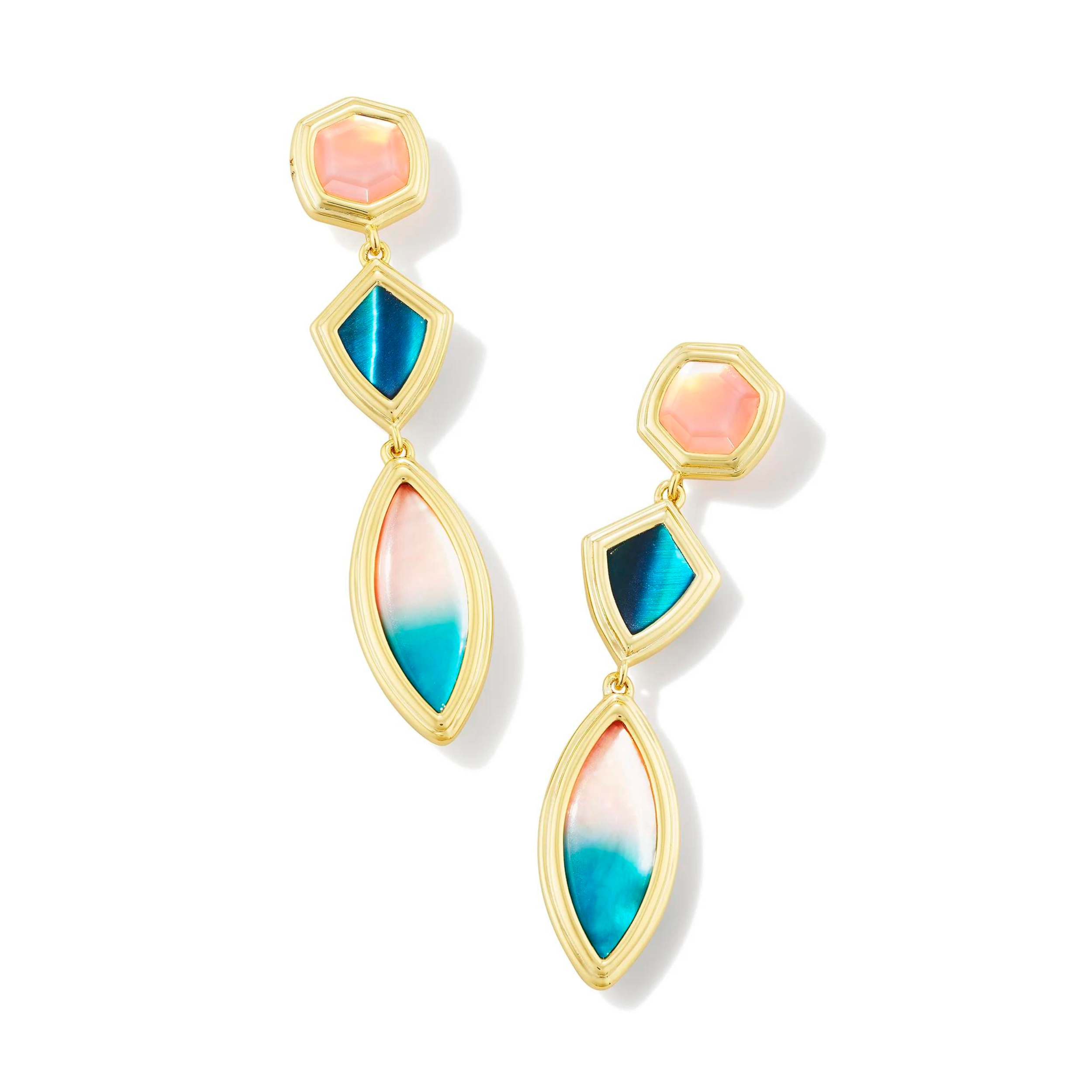 Pictured is a a pair of gold drop earrings on a white background. These earrings include three different shaped segments linked together with stones in a teal mix. 