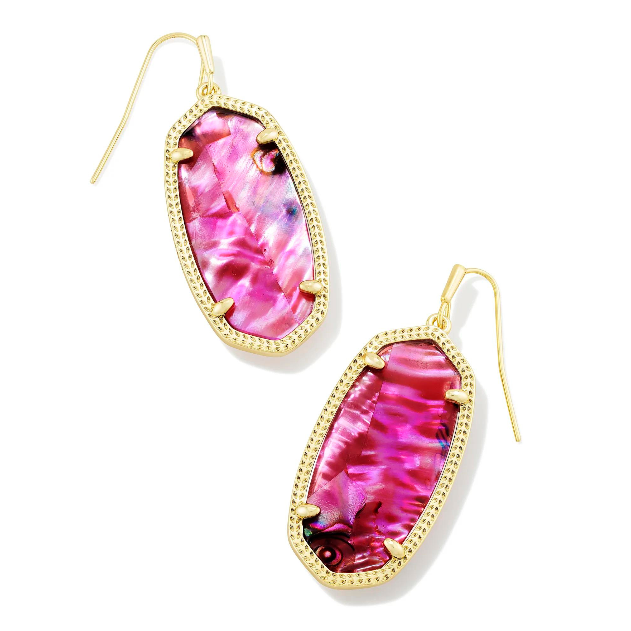 Pictured is a pair of gold, elle drop earrings with light burgundy illusion stones. These earrings are pictured on a white background.   