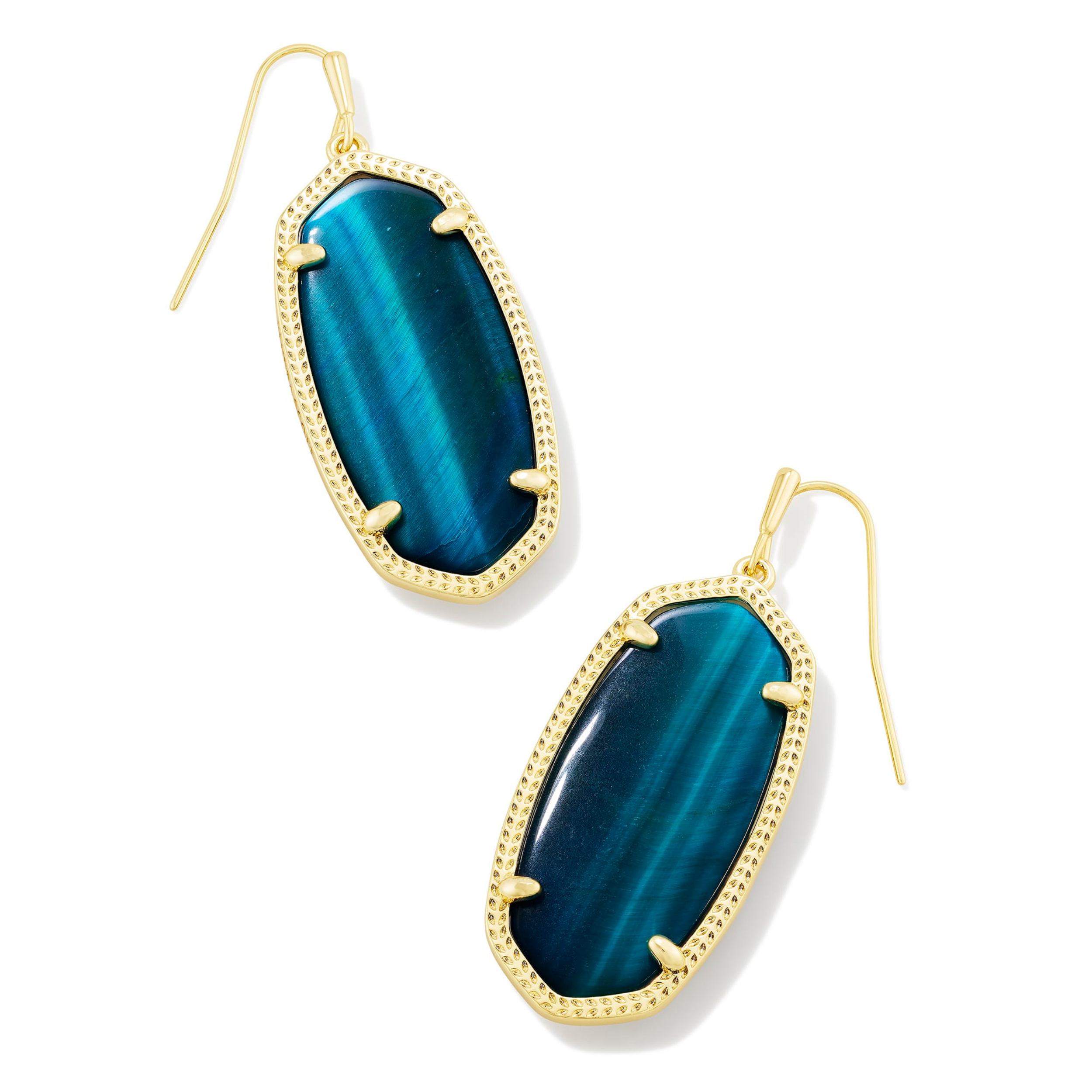Pictured is a pair of gold, elle drop earrings with teal tiger's eye stones. These earrings are pictured on a white background.   
