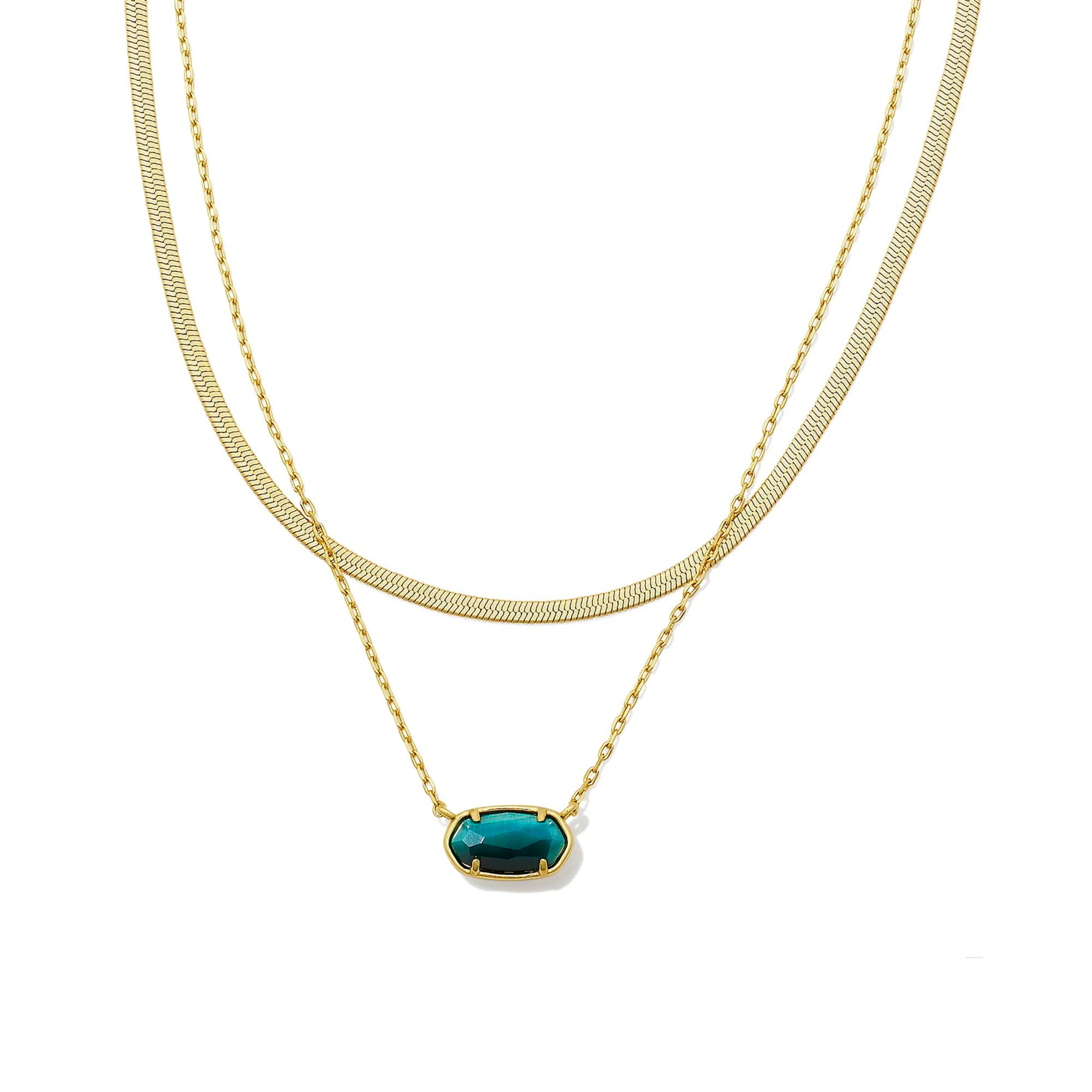 Pictured is a two strand chain necklace with an oval teal tiger's eye pendant. This necklace is pictured on a white background.    