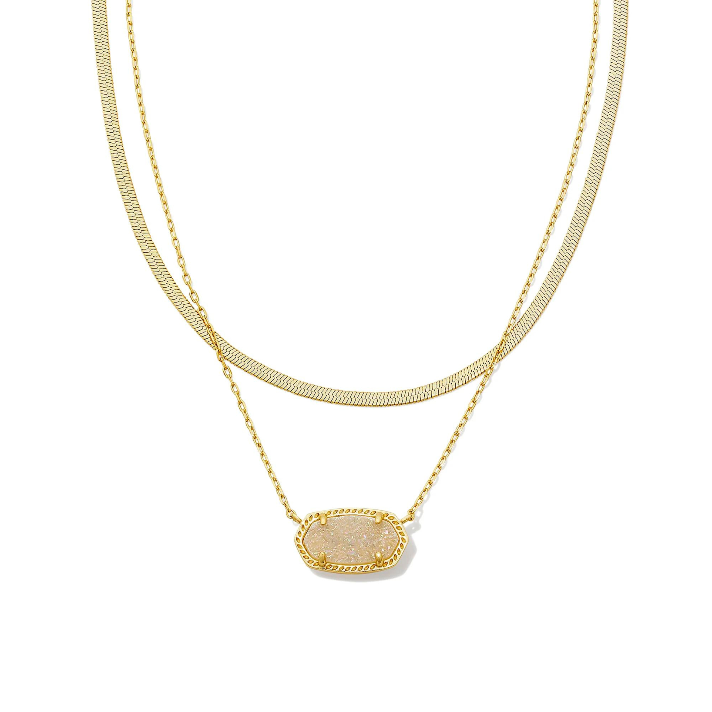 Pictured is a two strand chain necklace with an oval iridescent drusy pendant. This necklace is pictured on a white background.    