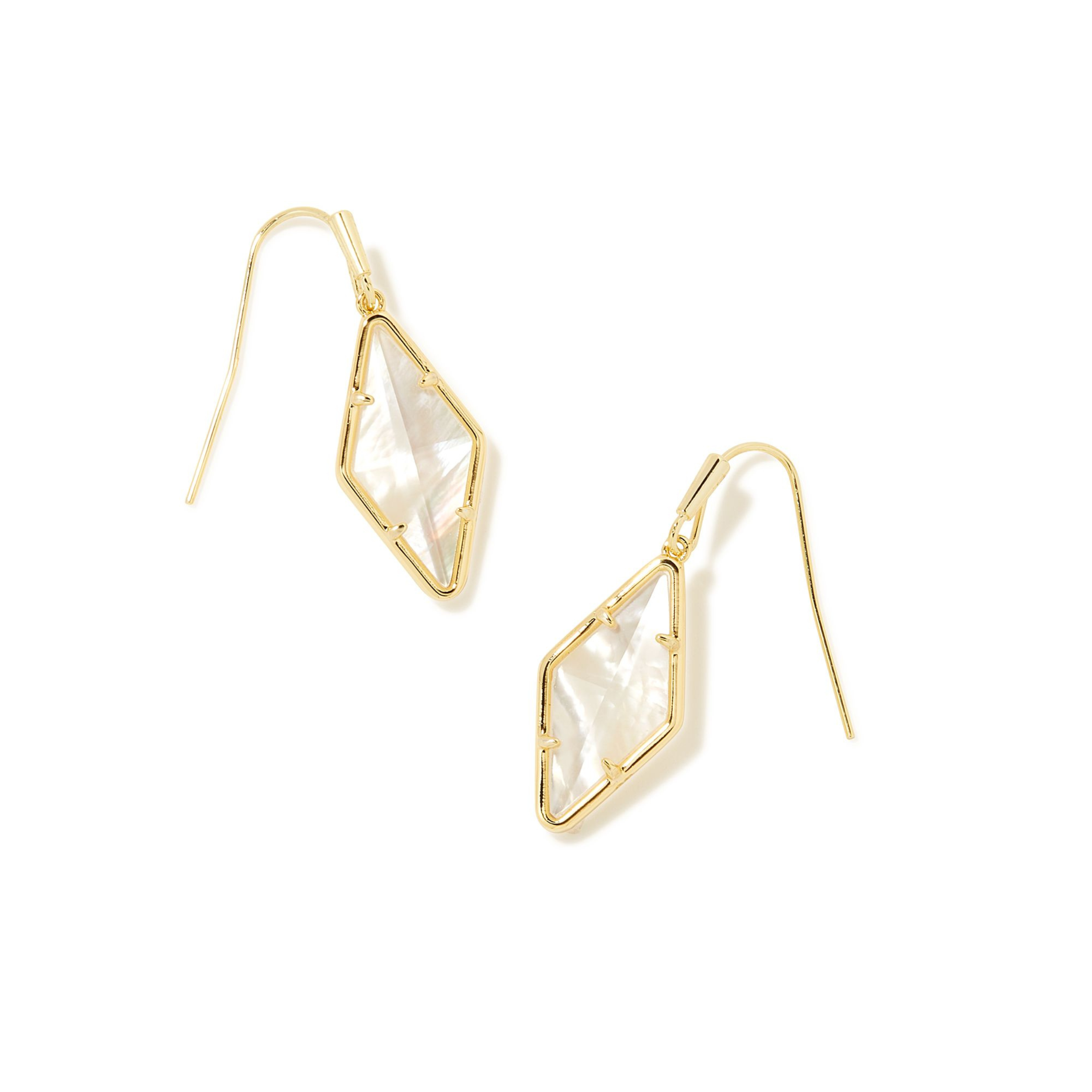 Gold, fish hook diamond drop earrings with an ivory mother of pearl stone pictured on a white background.