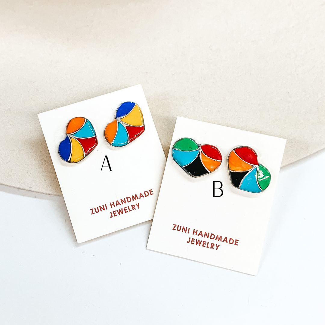 Karen Lalio | Zuni Handmade Sterling Silver Heart Stud Earrings with Multi Color Stone - Giddy Up Glamour Boutique