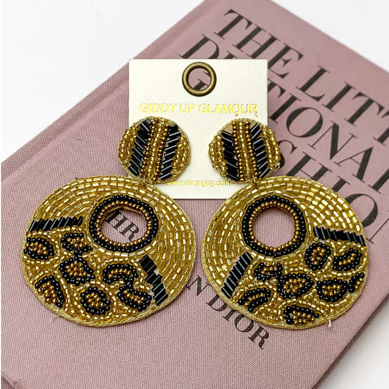 Beaded Leopard Dangle Earrings in Gold Tone - Giddy Up Glamour Boutique