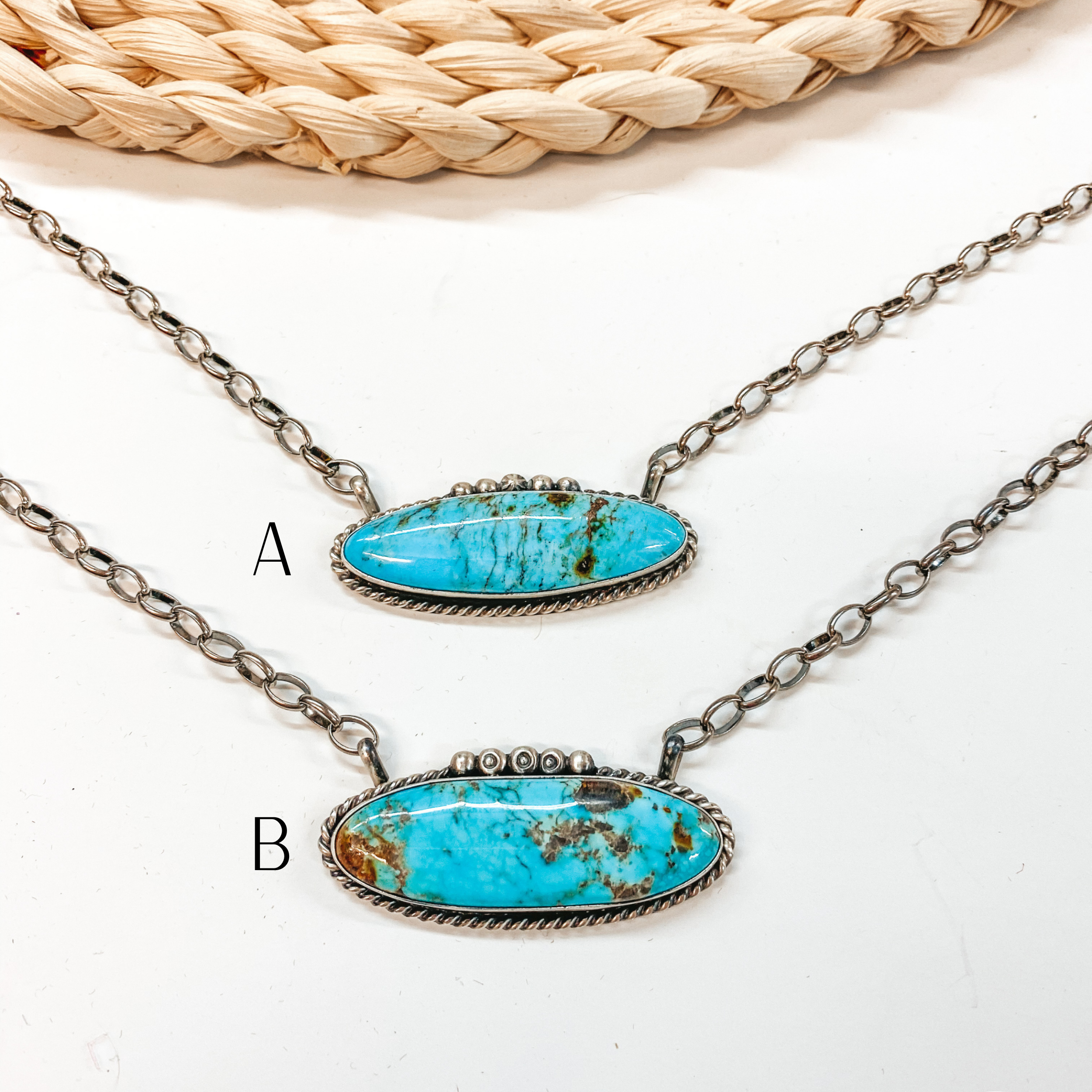 Augustine Largo | Navajo Handmade Sterling Silver Chain Necklace with Silverwork and Large Oval Kingman Turquoise Pendant - Giddy Up Glamour Boutique