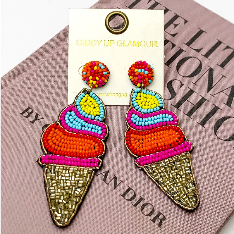Multi-Color Beaded Ice Cream Cone Earrings in Gold Tone - Giddy Up Glamour Boutique