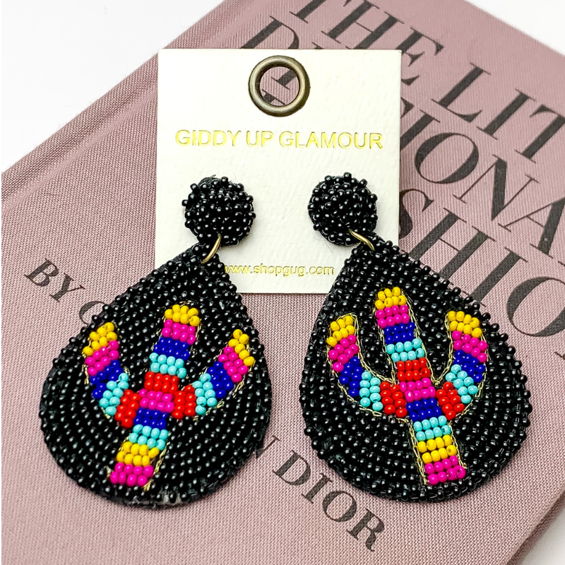 Beaded Multi-Color Cactus Earrings in Black - Giddy Up Glamour Boutique