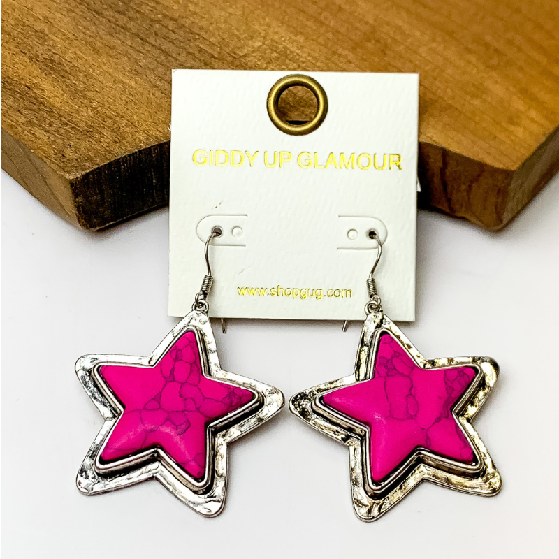 Pink Marbled Star Earrings with Silver Tone Trim - Giddy Up Glamour Boutique