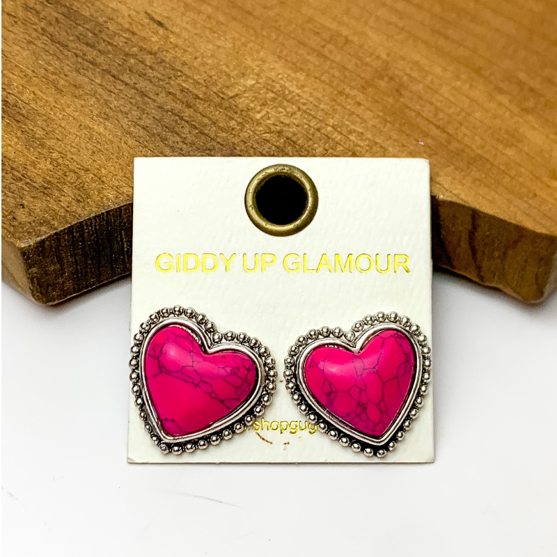 Pink Marbled Heart Stud Earrings with a Silver Tone Trim - Giddy Up Glamour Boutique