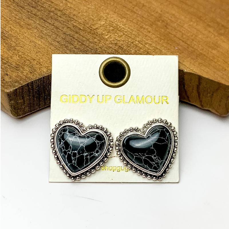 Black Marbled Heart Stud Earrings with a Silver Tone Trim - Giddy Up Glamour Boutique