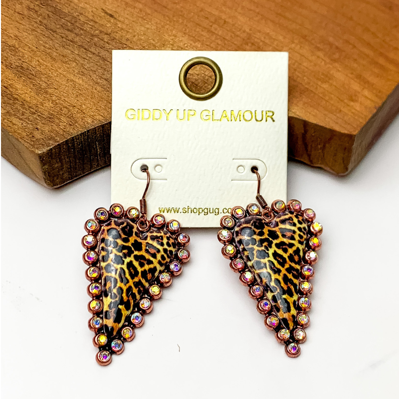 Leopard Print Heart Earrings with Rose Gold Tone Jewel Trim - Giddy Up Glamour Boutique