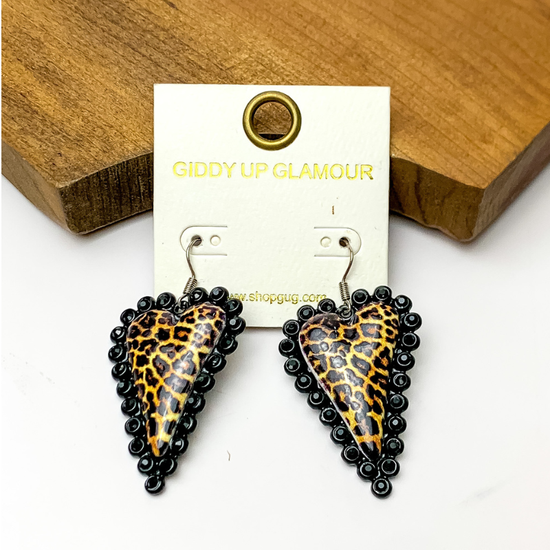 Leopard Print Heart Earrings with Black Tone Jewel Trim - Giddy Up Glamour Boutique