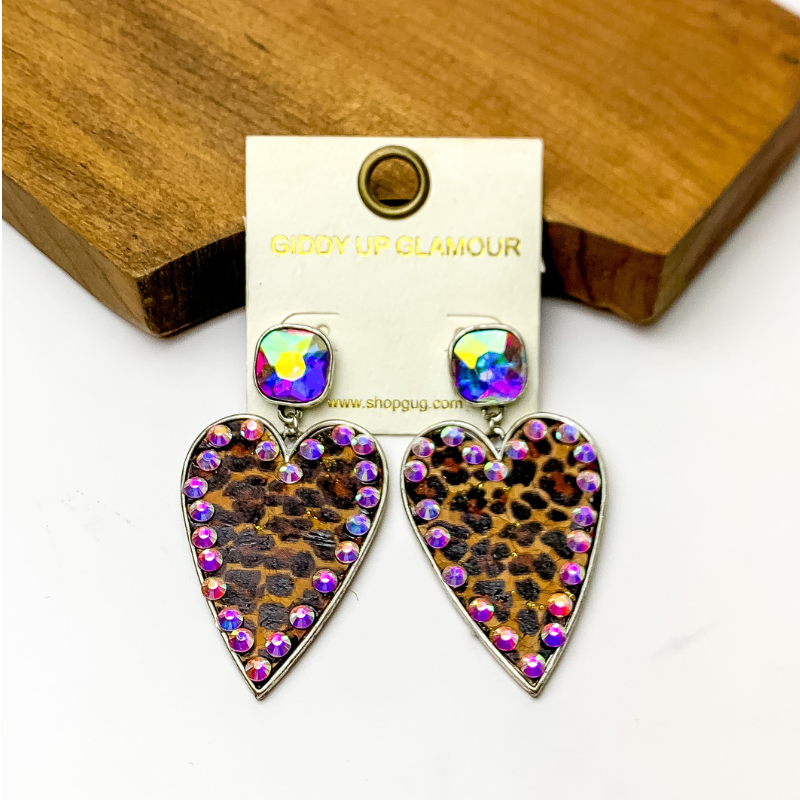 Cork Leopard Print Heart Earrings with an AB Stone Border - Giddy Up Glamour Boutique
