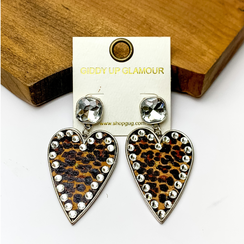 Cork Leopard Print Heart Earrings with an Clear Crystal Border - Giddy Up Glamour Boutique