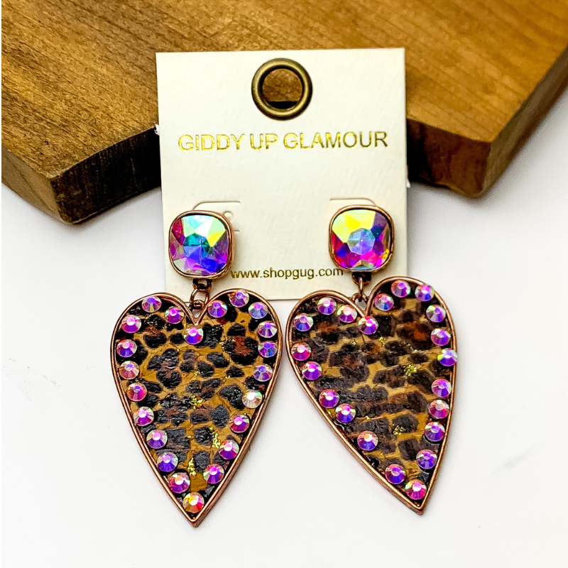 Cork Leopard Print Heart Earrings with a Rose Gold and AB Stone Border - Giddy Up Glamour Boutique
