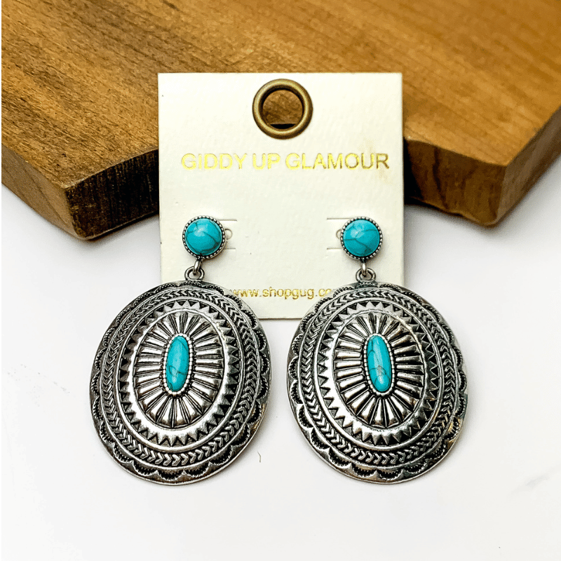 Silver Tone Patterned Earrings with Turquoise Marble Accents - Giddy Up Glamour Boutique