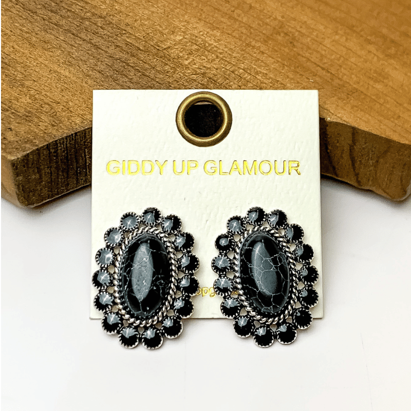 Oval Black Marble Earrings with Black Circle Border - Giddy Up Glamour Boutique