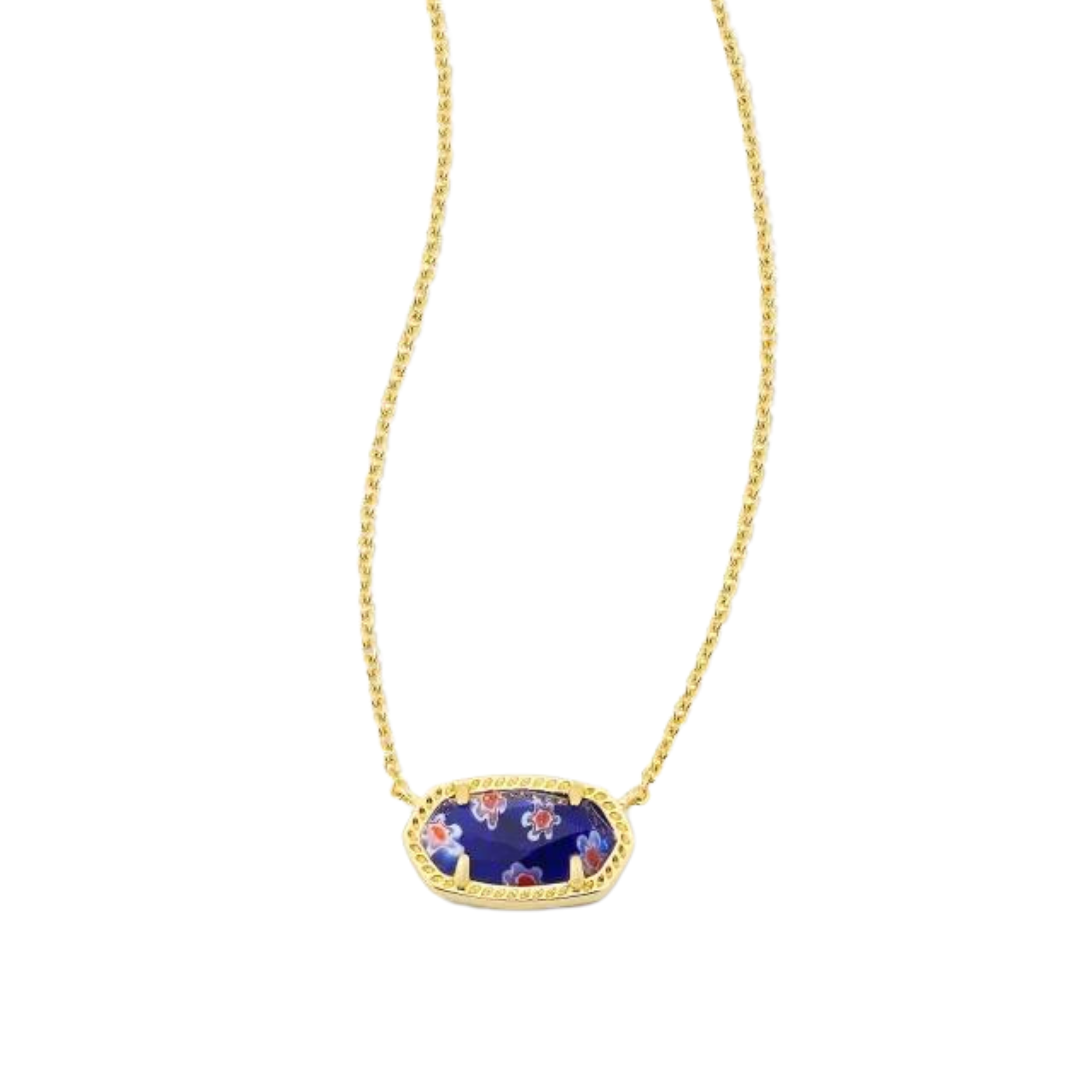 Pictured on a white background is a gold chain necklace with an oval pendant. This pendant has a gold outline with a cobalt blue inlay that includes flowers.  