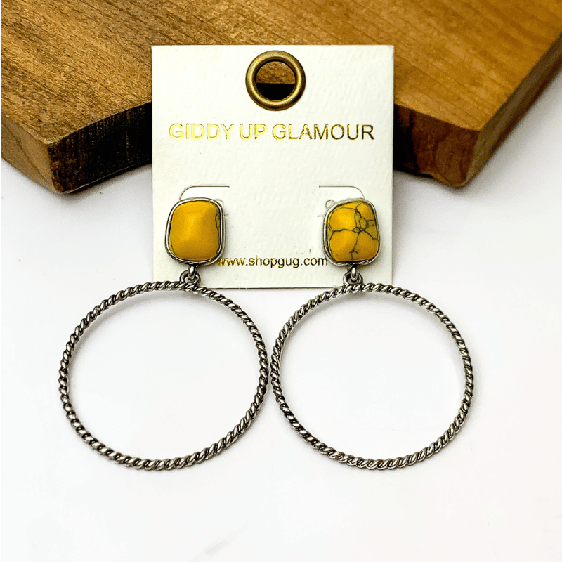 Silver Tone Twisted Hoop Earrings with a Yellow Marbled Stone - Giddy Up Glamour Boutique