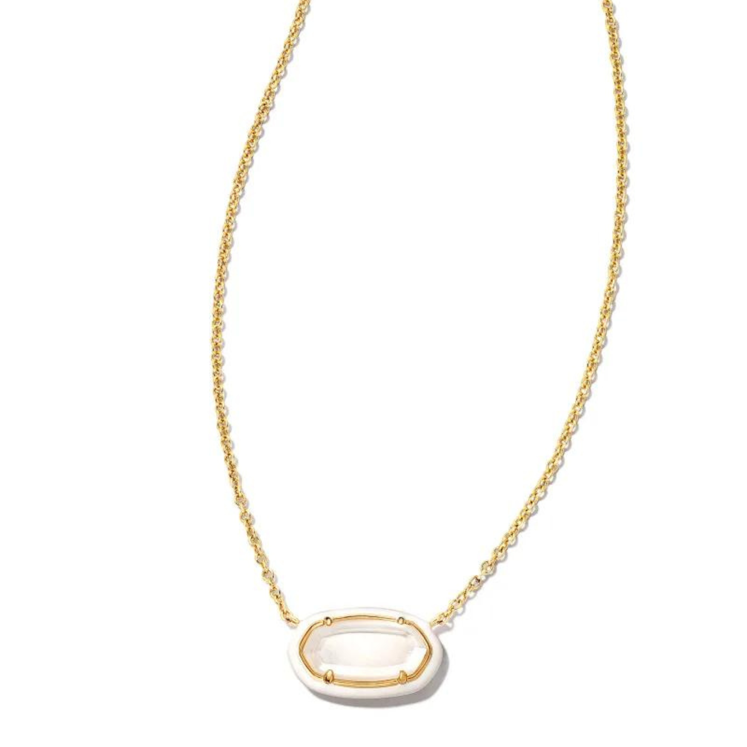 Pictured on a white background is a gold chain necklace with an oval pendant. This pendant is white and gold.  