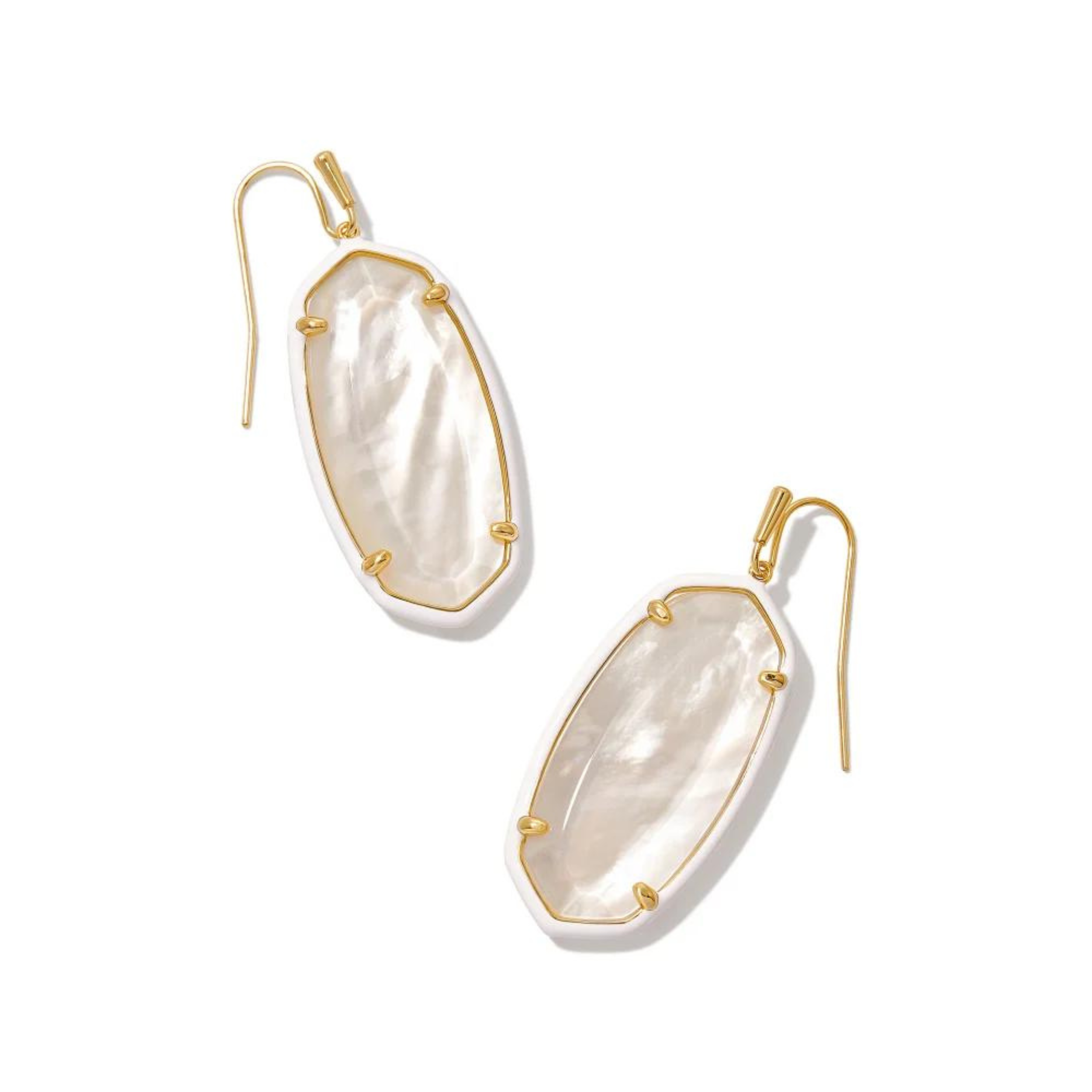 Pictured on a white background is a pair of oval shaped gold and white earrings. These earrings include a gold fish hook. 