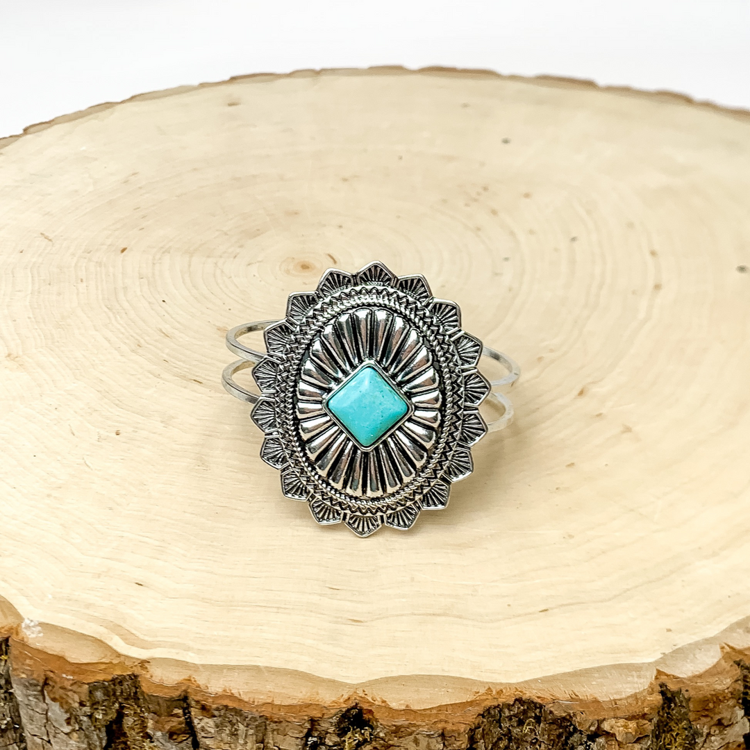 Western Oval Hinge Bracelet in Silver Tone With Turquoise Stone - Giddy Up Glamour Boutique
