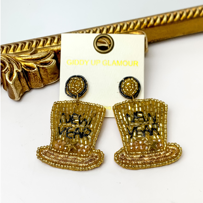 New Year Hat Beaded Earrings in Gold Tone - Giddy Up Glamour Boutique