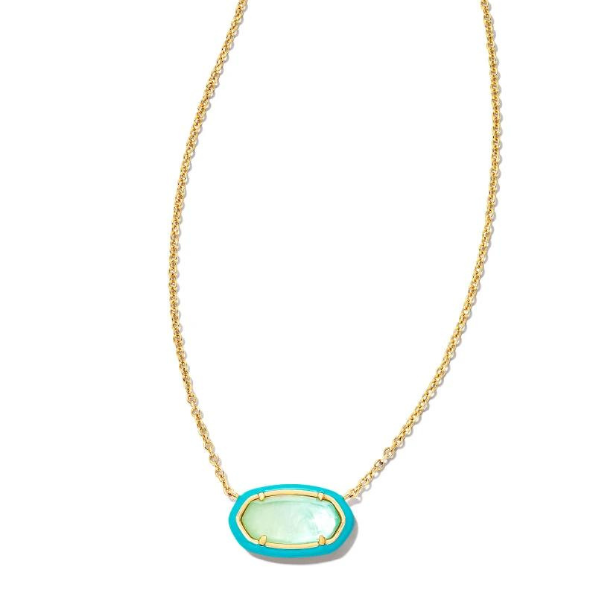 Pictured on a white background is a gold chain necklace with an oval pendant. This pendant is turquoise and gold.  