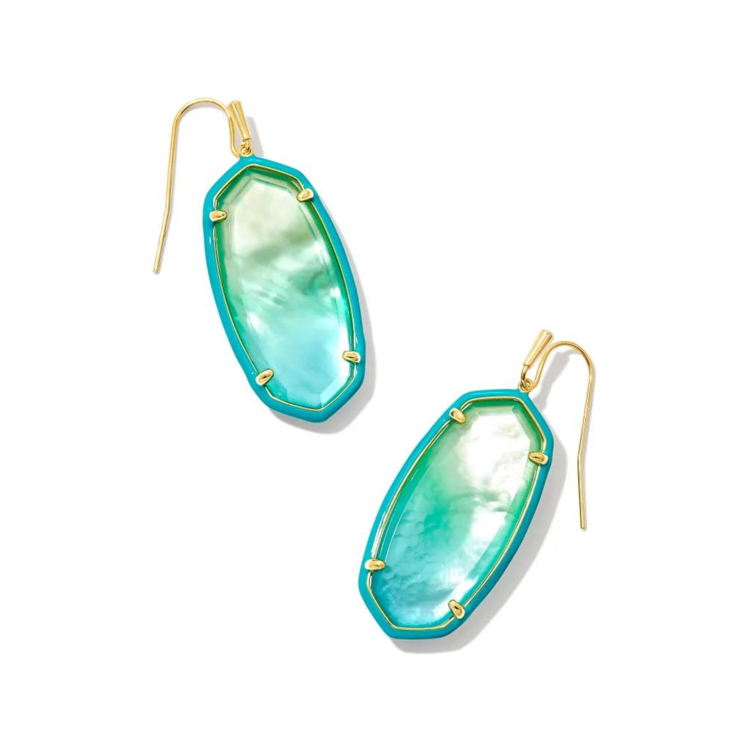 Pictured on a white background is a pair of oval shaped gold and turquoise earrings. These earrings include a gold fish hook. 