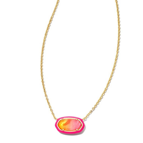 Pictured on a white background is a gold chain necklace with an oval pendant. This pendant is pink, orange, and gold.  