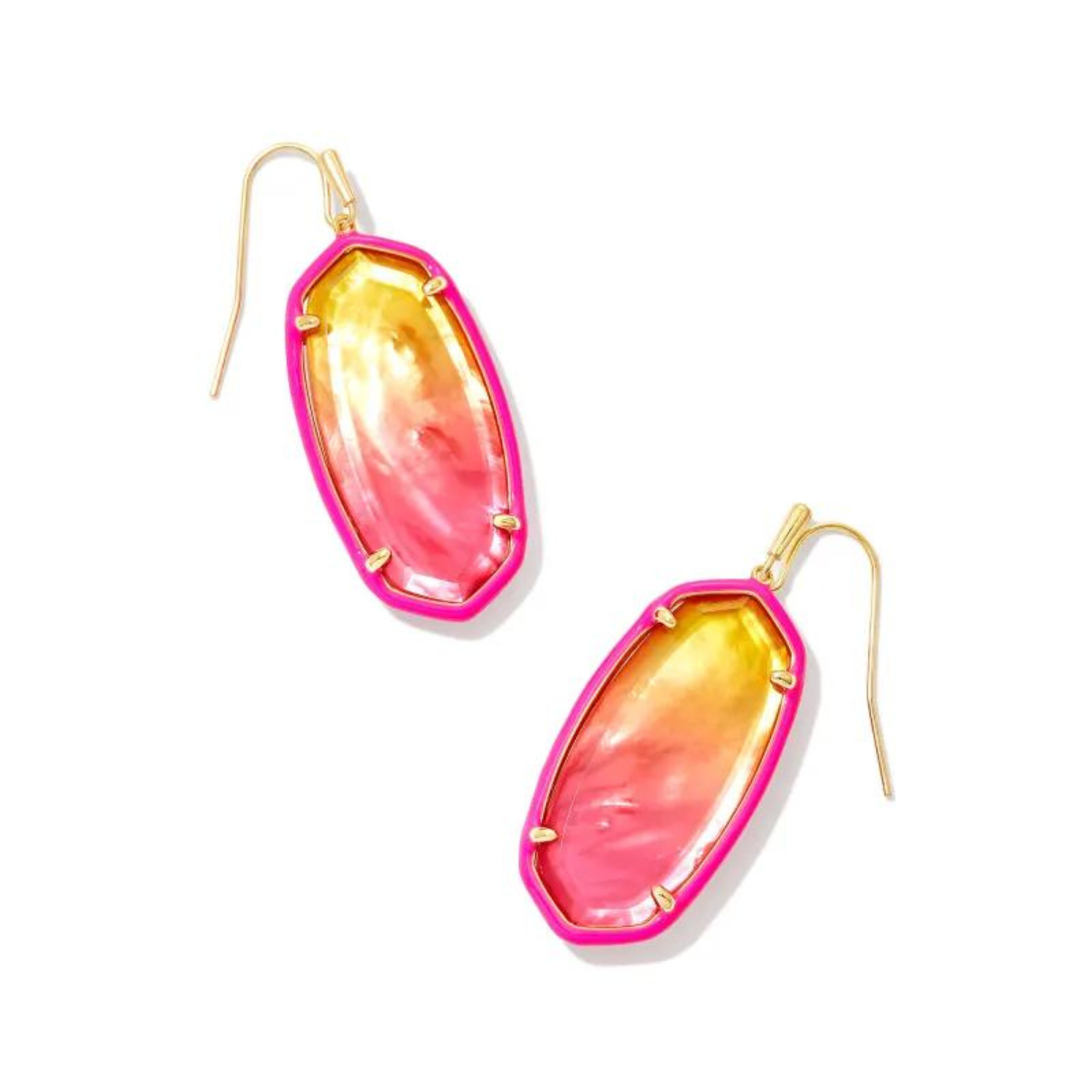 Pictured on a white background is a pair of oval shaped gold and pink earrings. These earrings include a gold fish hook. 