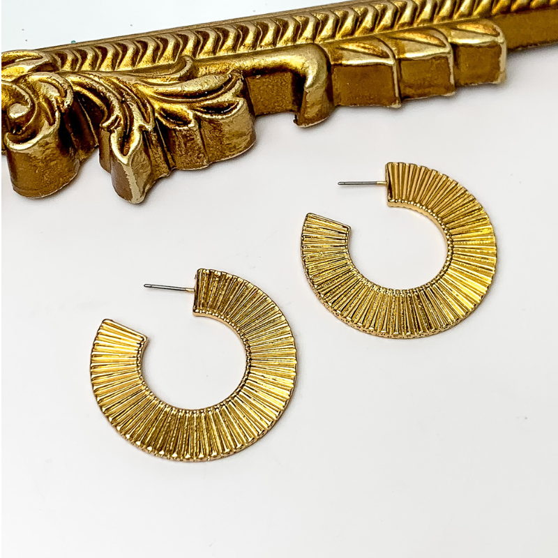 Ribbed Post Hoop Earrings in Gold Tone - Giddy Up Glamour Boutique