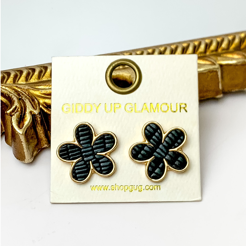 Textured Flower Earrings with Gold Tone Trim in Black - Giddy Up Glamour Boutique