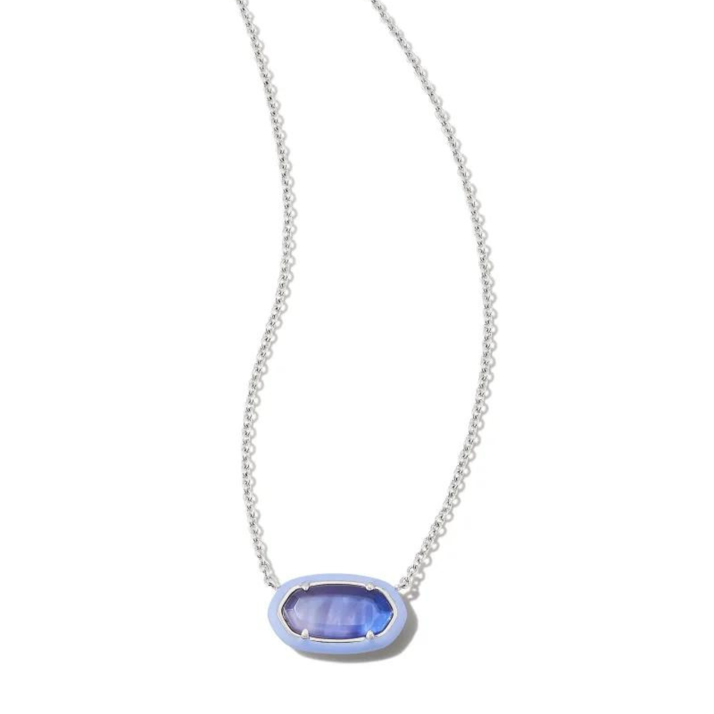 Pictured on a white background is a silver chain necklace with an oval pendant. This pendant is lavender and silver.  