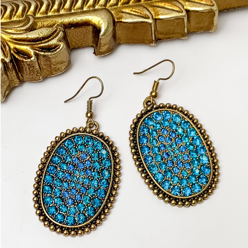 Oval Jeweled Earrings with Gold Tone Border in Blue - Giddy Up Glamour Boutique