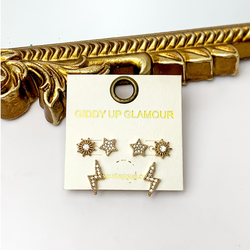 Sun, Star, and Lightning Bolt Three Pair Earrings in Gold Tone - Giddy Up Glamour Boutique