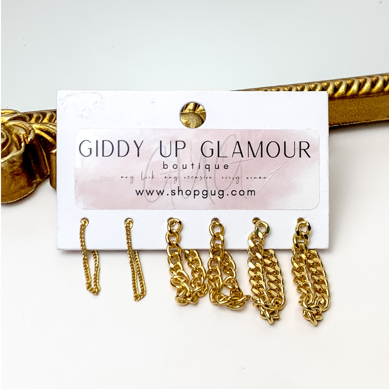 Three Pair Chain Earrings in Gold Tone - Giddy Up Glamour Boutique