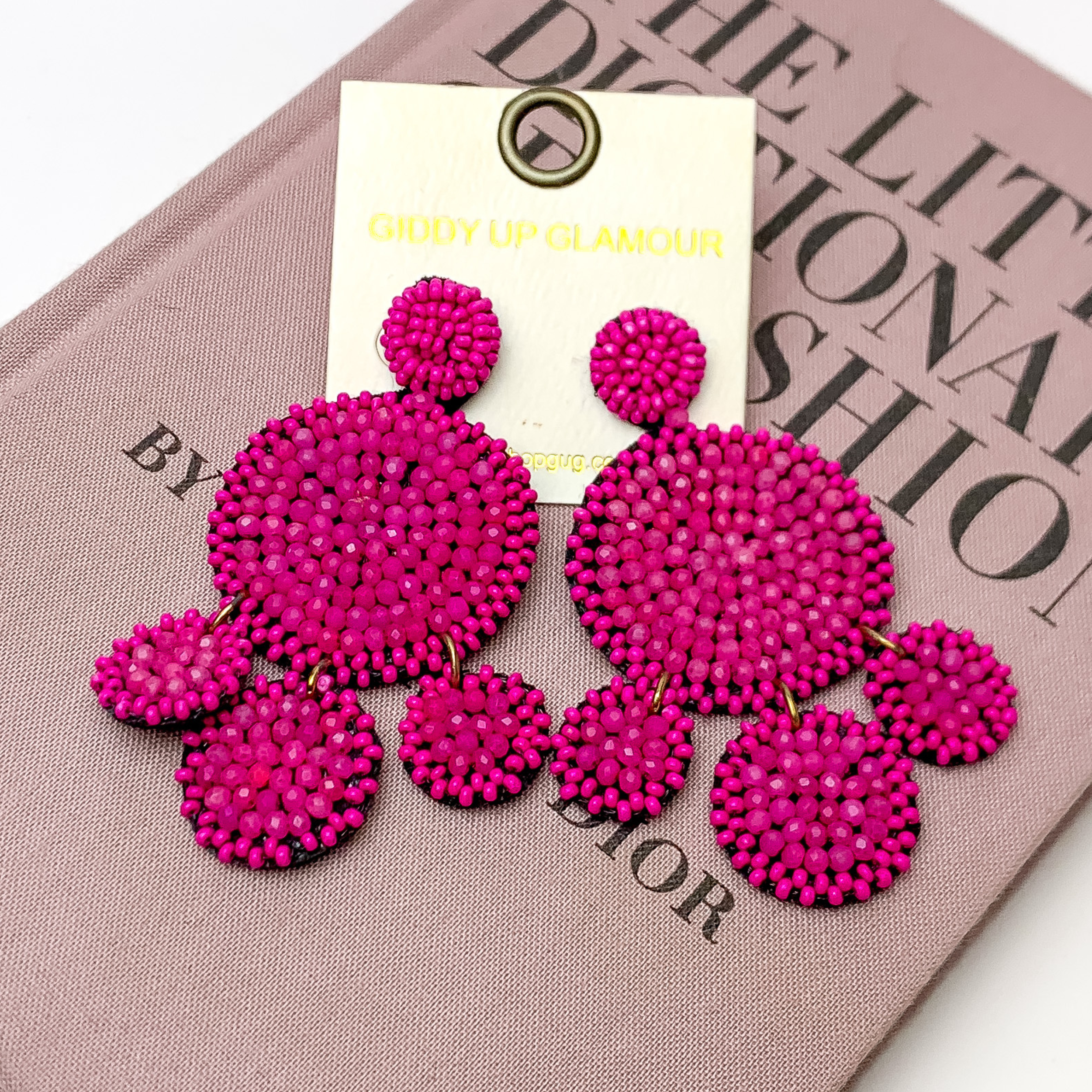 Beaded Circle Drop Statement Earrings in Fuchsia Pink - Giddy Up Glamour Boutique