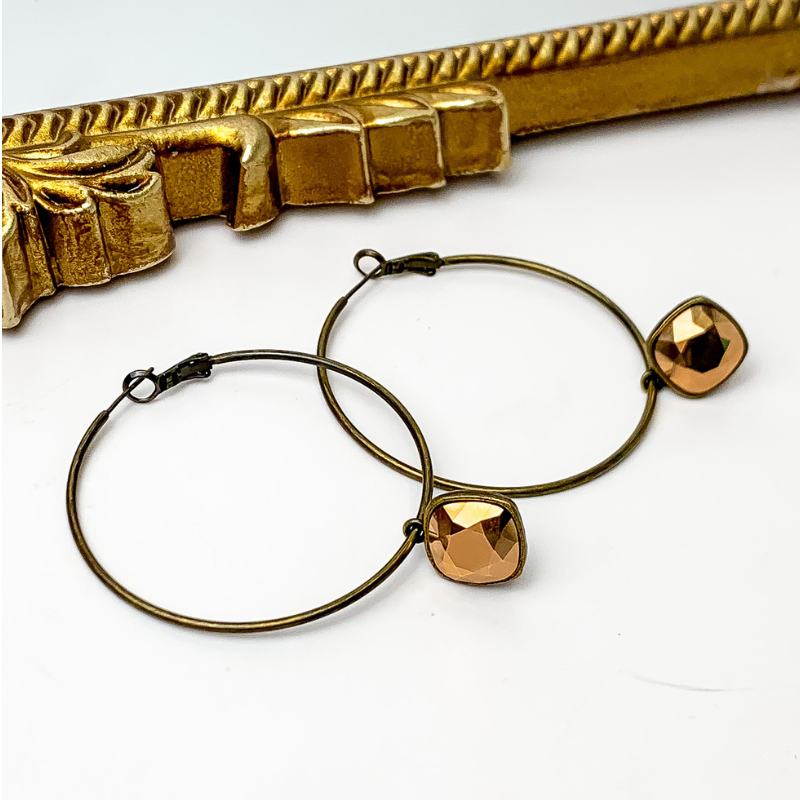 Pink Panache Hoop Earrings with Bronze Jewel in Bronze Tone - Giddy Up Glamour Boutique