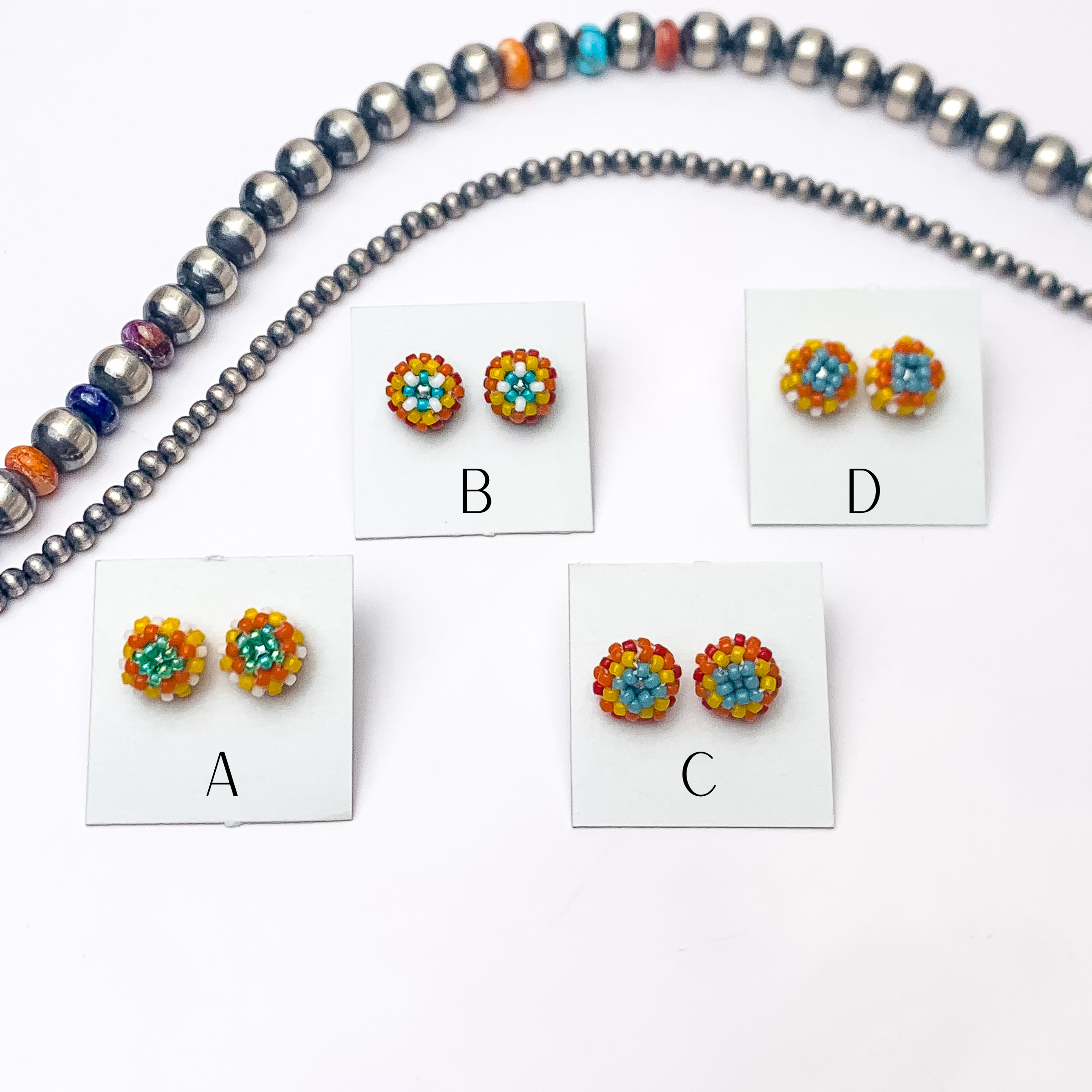 Navajo | Navajo Handmade Beaded Stud Earrings in Turquoise, Yellow, and Red