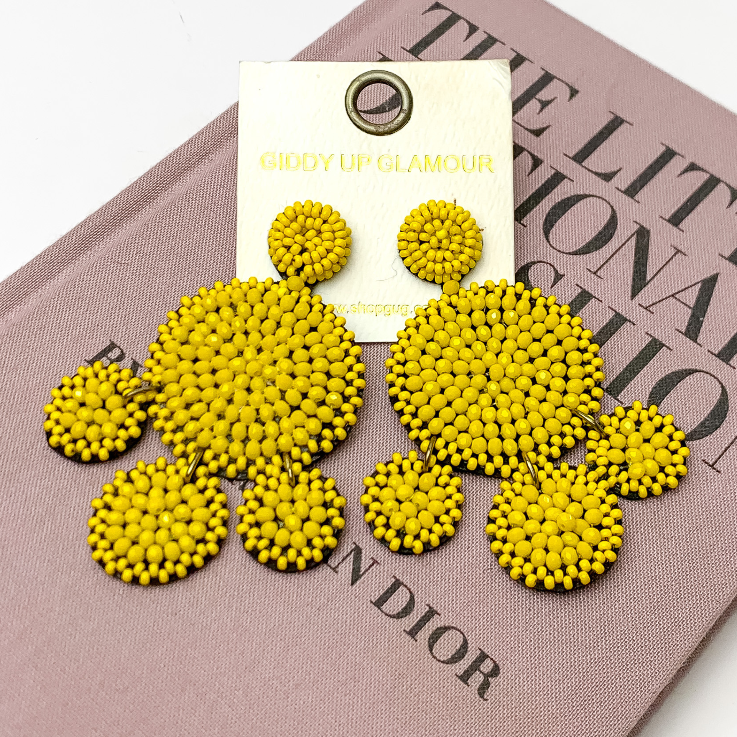 Beaded Circle Drop Statement Earrings in Yellow - Giddy Up Glamour Boutique
