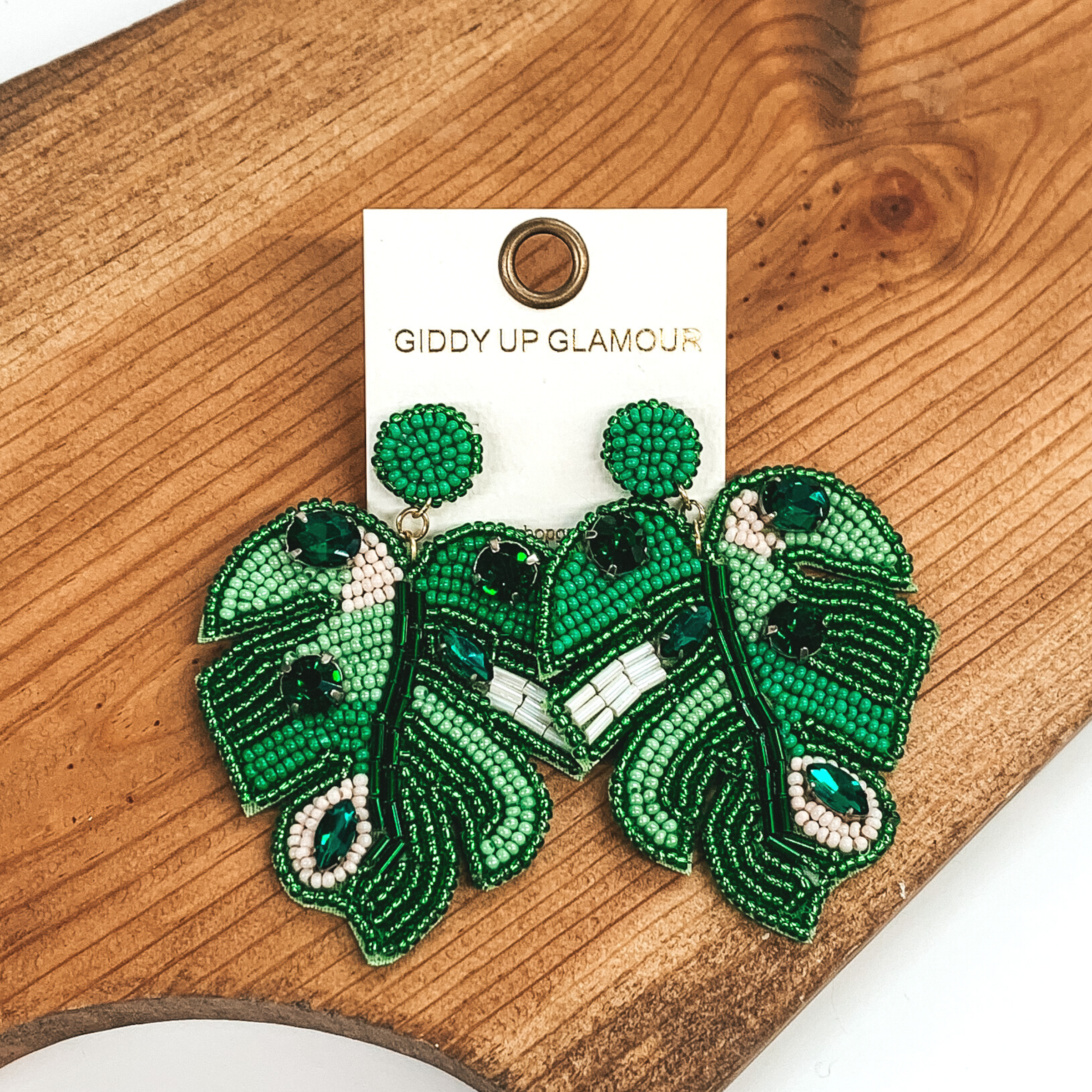 Palm Leaf Beaded Earrings With Crystal Accents in Green, Blush, and White - Giddy Up Glamour Boutique