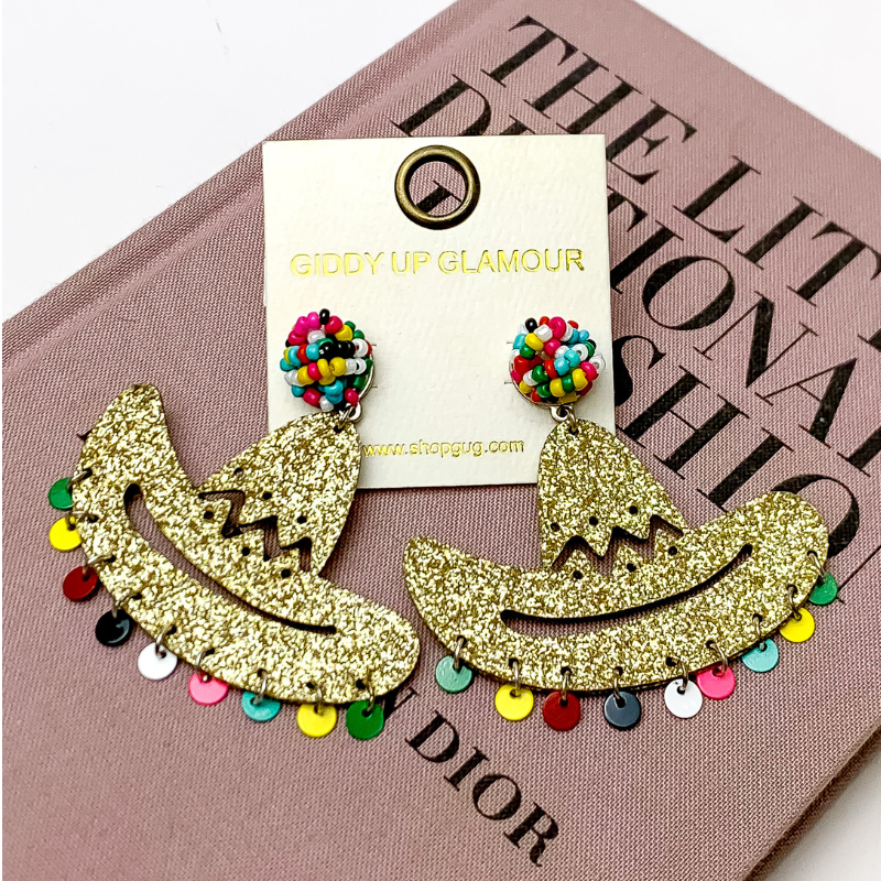 Glitter Sombrero Dangle Earrings with Multi Beads in Gold Tone - Giddy Up Glamour Boutique